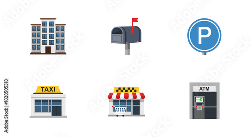 Urban icon set featuring building, mailbox, parking, taxi stand, storefront, and atm
