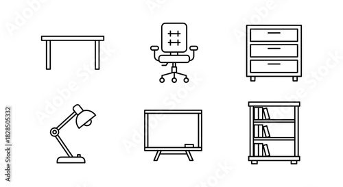 Minimalist office furniture set featuring desk, chair, and storage in linear style