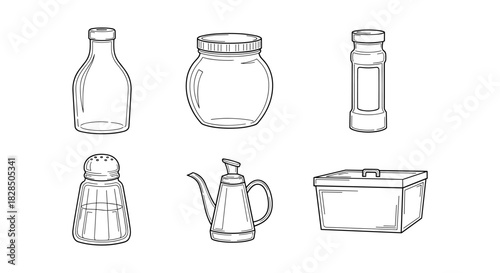 Hand-drawn kitchen containers in black and white line art style