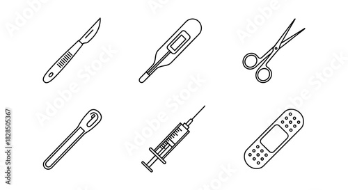 Outline icons of medical tools including thermometer, scalpel, syringe, scissors, bandaid, and cotton swab