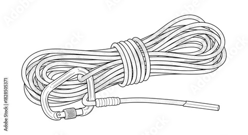 Climbing rope with carabiner in detailed line art style for outdoor adventure enthusiasts