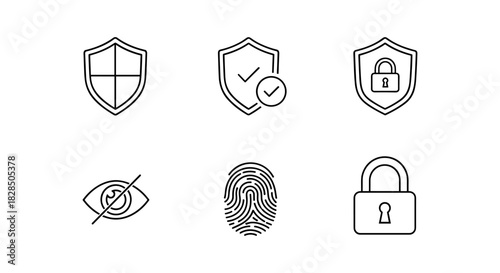 Simple line icons of cybersecurity elements featuring shields and locks