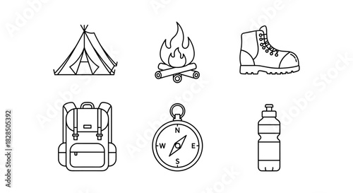 Essential camping gear: line art icons for outdoor adventure enthusiasts