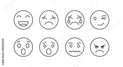Collection of circular emoji faces displaying various emotional expressions in linear style