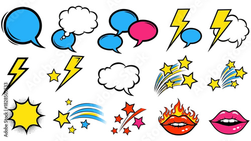 Dynamic comic book elements set, perfect for adding energy to your designs with speech bubbles, lightning bolts, stars, and bold lips, pop art vector