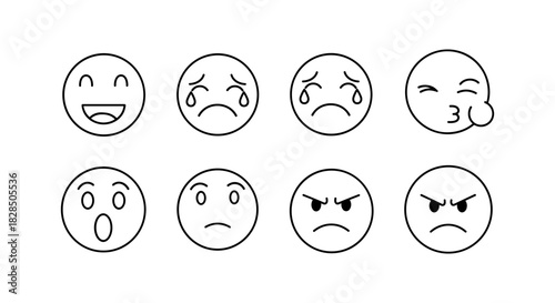 Simple line art of eight expressive faces with various emotions
