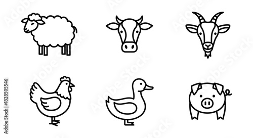 Simple line art farm animals set: cow, pig, sheep, goat, duck, chicken