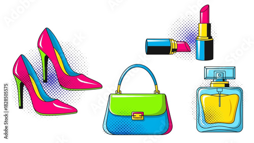 Vibrant pop art collection featuring stylish heels, chic handbag, bold lipstick, and luxurious perfume, perfect for fashion-forward designs and modern flair