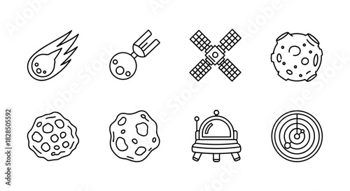 Space exploration icons: asteroids, satellites, and spacecraft in linear style