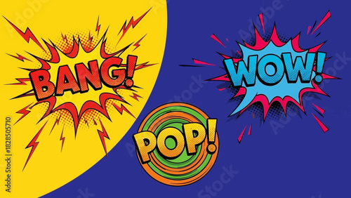 Dynamic comic book style effects with onomatopoeia words BANG, WOW, and POP for vibrant posters and eye-catching social media, originally created as scalable vector art