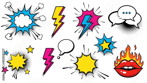 Eye Catching Pop Art Elements Flash Sale Graphics for Dynamic Social Media, Retro Comic Book Style Icons, Lightning Bolts and Speech Bubbles