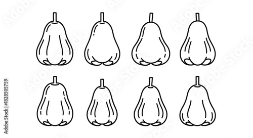 Collection of eight hand drawn pear illustrations in a simple outline style