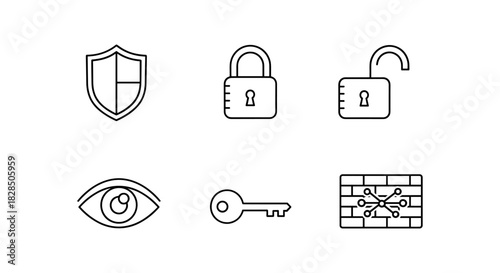 Linear security elements with lock, shield, and firewall icons for modern interface design