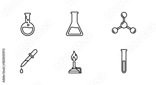 Linear science icons: chemistry lab equipment and molecules