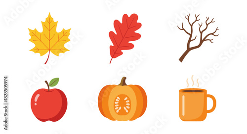 Autumn icons: leaves, pumpkin, apple, cozy mug on white