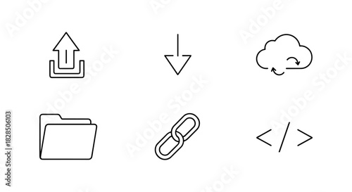 Simple outline icons for upload, download, cloud, folder, link, and code