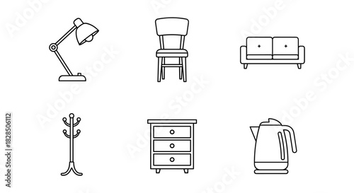 Minimalistic linear icons of home furniture and appliances for modern design