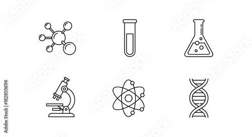 Minimalist science icons set with laboratory equipment and molecular structures