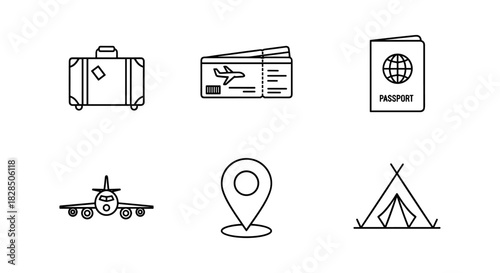 Travel essentials icons: luggage, tickets, passport, and more in linear design