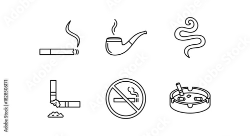 Minimalist smoking icons including cigarette, pipe, and no smoking sign