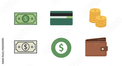 Financial icons set: currency, card, coins, wallet in flat style