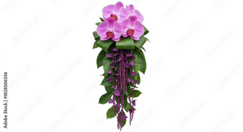 Fototapeta premium Isolated floral decoration with orchids, green leaves and hanging purple blossom strings
