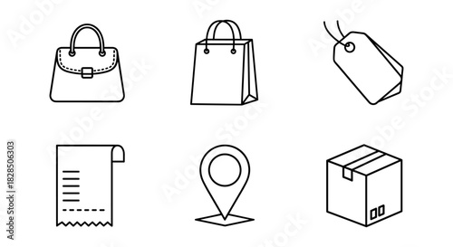 Minimalist shopping and delivery icons: eco-friendly bag, tags, and more