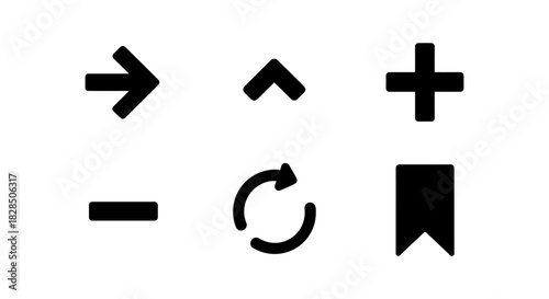 Minimalist black icon set featuring arrows, plus, minus, refresh, and bookmark symbols