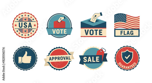 Retro style usa voting badges and labels with american flag and approval icons