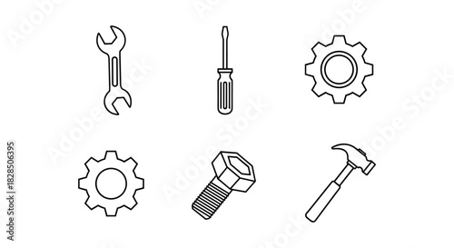 Monochrome outline of common hand tools: wrench, screwdriver, bolt, gear, hammer