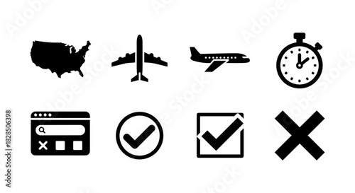 Travel and navigation icons: airplane, stopwatch, and more in black silhouette style