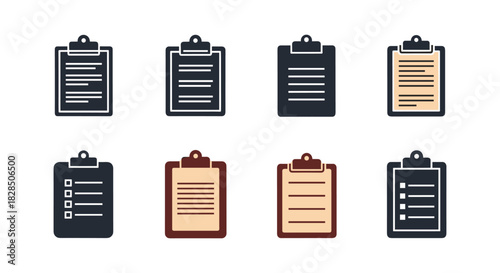 Set of clipboard icons with checklist and notes in flat design