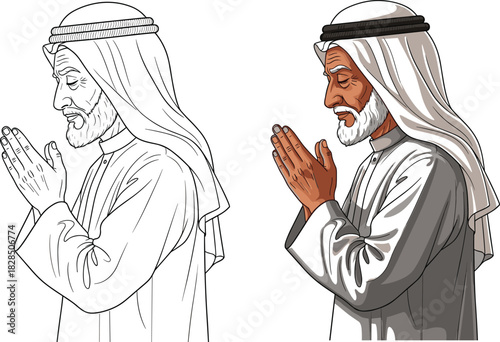 Detailed vector portrait showing a traditional Arab man with white beard and Ghutra headscarf in devotion, with line art and color versions for religious themes.