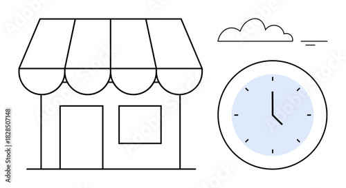 Business hours concept. A storefront with an outlined clock scheduling and operating times. Business hours critical for customer service, scheduling, retail, and work efficiency