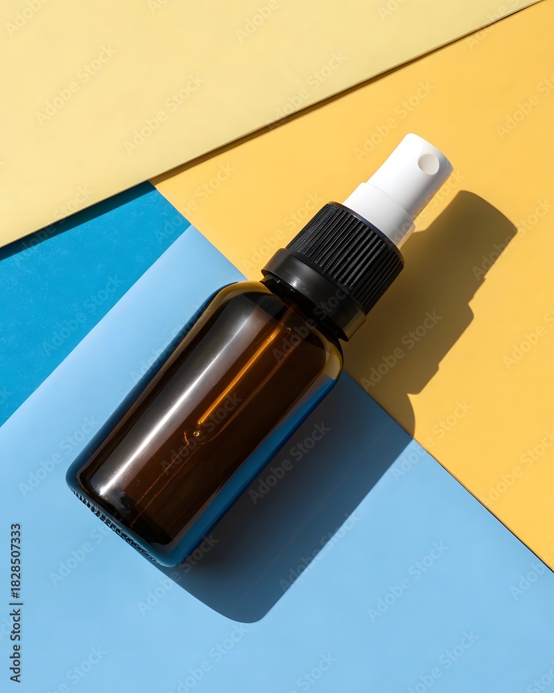 Fototapeta premium Skincare bottle set with pump, dropper, and spray dispenser. Cosmetic product packaging mockup concept for serum, oil, or essence on a modern abstract background.