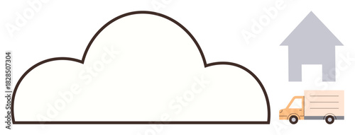 Cloud outline with delivery truck approaching a house. Ideal for technology, logistics, data sharing, network, remote access, connectivity, digital transformation. Simple flat metaphor