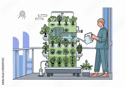 A person watering a vertical hydroponic garden on a balcony, tending to leafy greens.