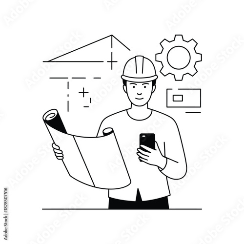 A construction engineer holding blueprints and a smartphone, representing the building industry.