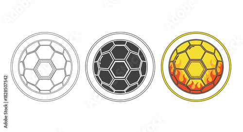 Three soccer balls in different styles isolated on white background outline, silhouette, and burning ball with flames vector illustration
