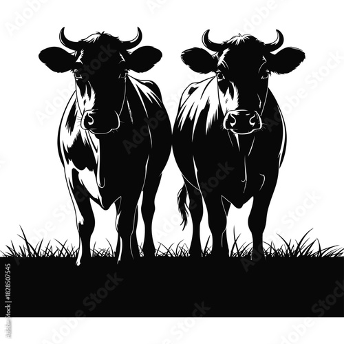 Two silhouetted cows stand side-by-side in a grassy field.