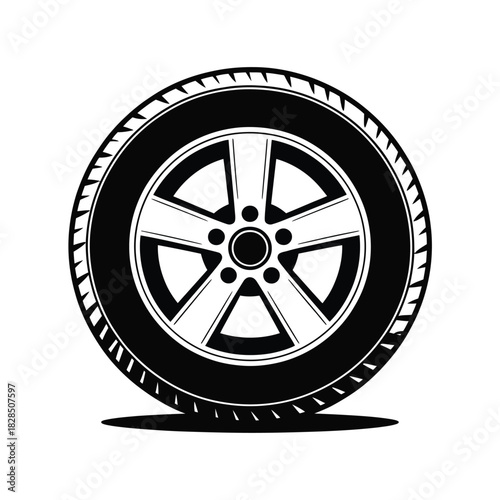 A black and white illustration of a car wheel with a tire.