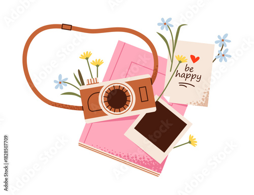 Flat lay illustration of a retro camera, journal, photo prints, wildflowers, and a cheerful "Be Happy" note on white background.