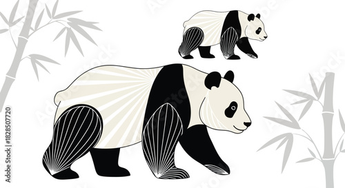 Panda bear illustration with bamboo plants vector graphic design eps silhouette