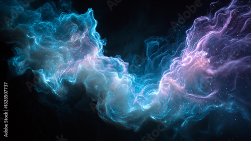 広大な宇宙空間を漂う青とピンクのバイオ発光色のダイナミックに渦巻く星雲