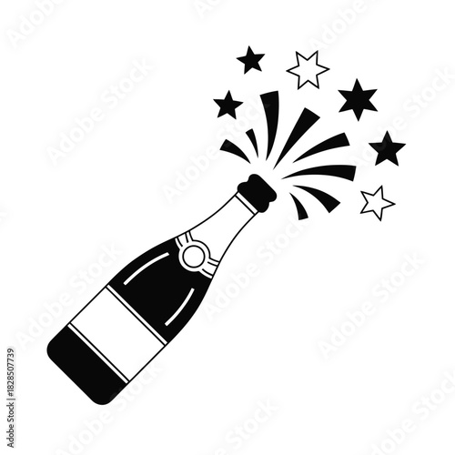 Champagne bottle pops with stars and celebratory bursts, symbolizing a festive occasion.