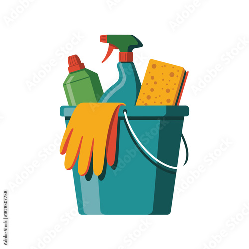 A cleaning bucket holds a sponge, gloves, and cleaning supplies for household chores.