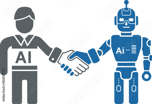 Human and robot shaking hands, symbolizing collaboration and future technology