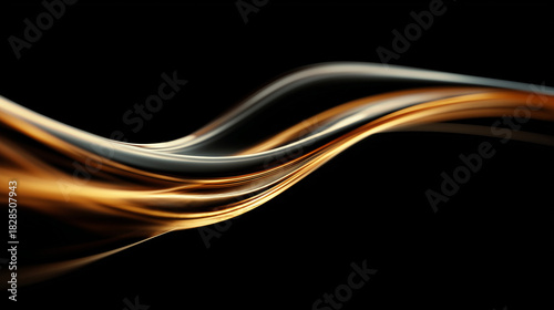 黒い背景の上を優雅にねじれて流れる金色と銀色の液体のような光の抽象的なストランド