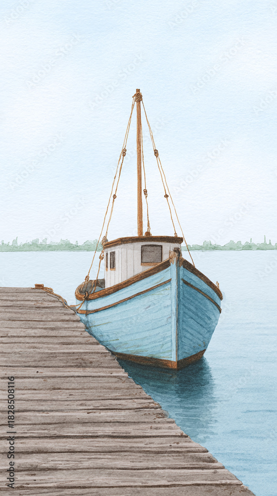 Fototapeta premium A Serene Watercolor Scene of a Blue Boat at the Pier Reflecting on Calm Waters, Evoking Tranquility and the Charm of Nature in Travel Adventures