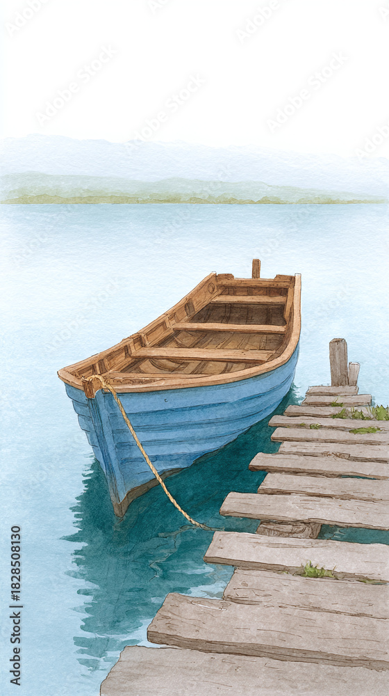 Fototapeta premium Serene Blue Boat Docked by Wooden Pier on Tranquil Lake – A Peaceful Travel Escape into Nature's Scenic Beauty